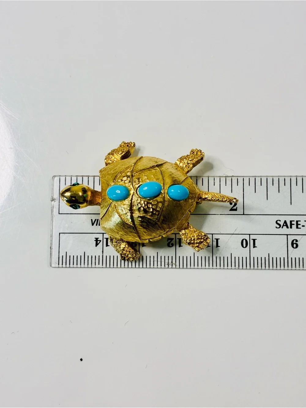 VTG PELL Gold-Tone Turtle Brooch with Turquoise Cabochons and Emerald Eyes EUC
